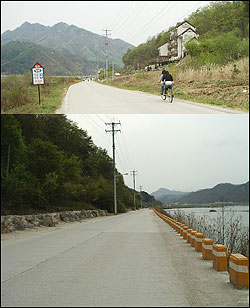 강변 오솔길. 자전거를 타고 산책하는 길 